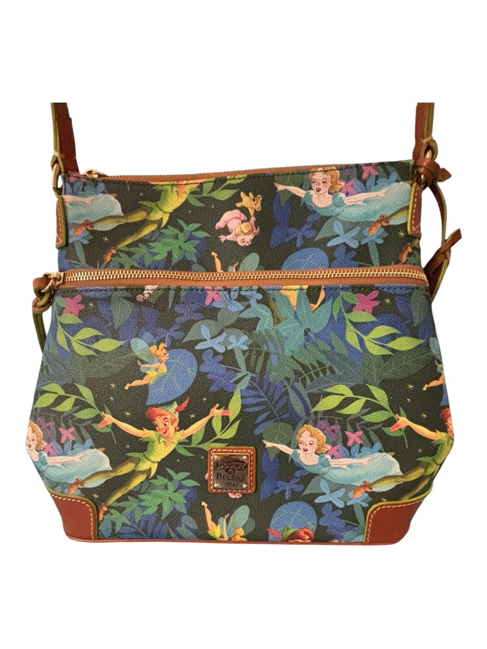 Dooney & Bourke Green Tinker Bell Print Shoulder Bag with Brown Trim - Picture 2 of 16